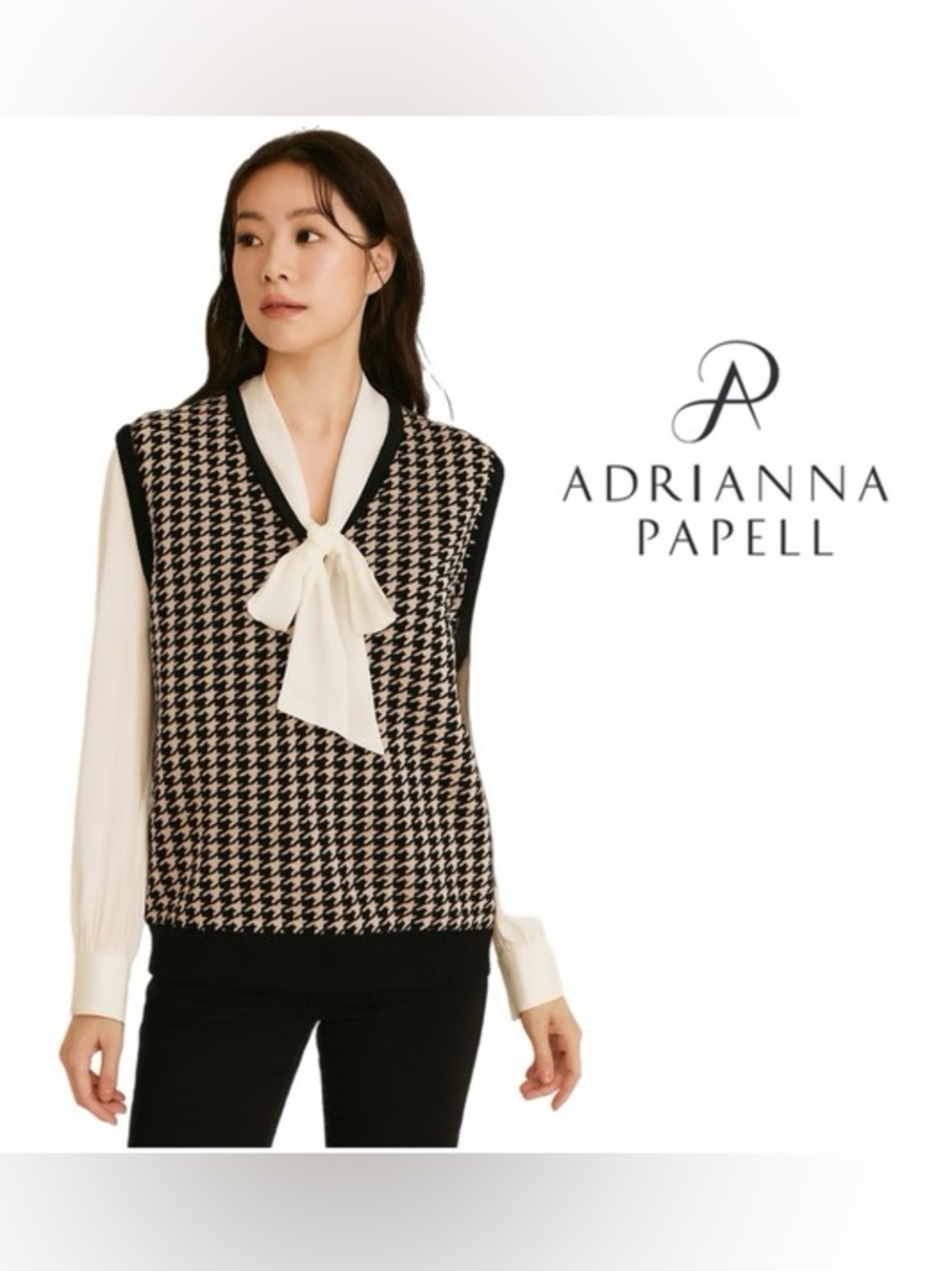 Adrianna Papell Black and Tan Houndstooth V-Neck Sweater with White Tie Blouse - Picture 3 of 3